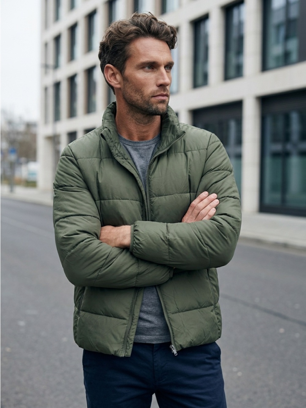 Men's Olive Quilted Puffer Jacket - Classic Lightweight Coat